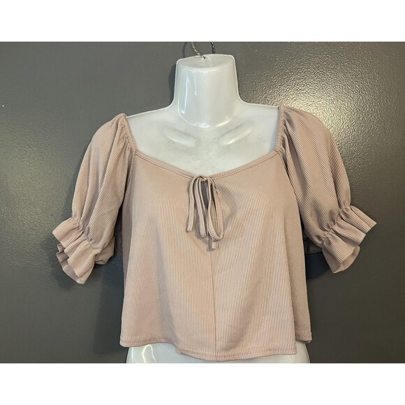 PrettyLittleThing Shirt Womens 14 Pink Ribbed Crop Puff Sleeve Tie Front Made UK - Picture 1 of 8